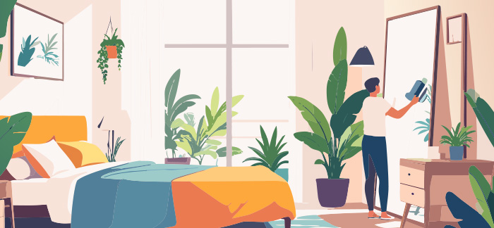 An illustration of a man cleaning his bedroom.