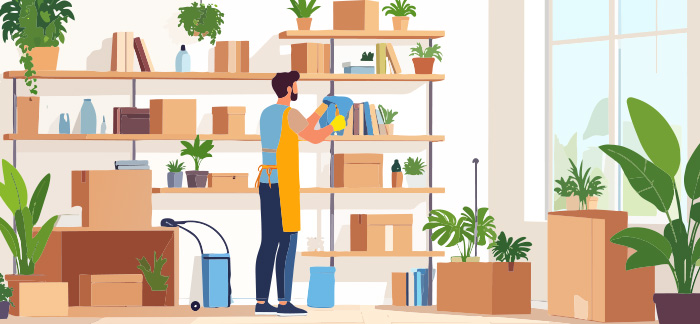 An illustration of a man cleaning his living room.