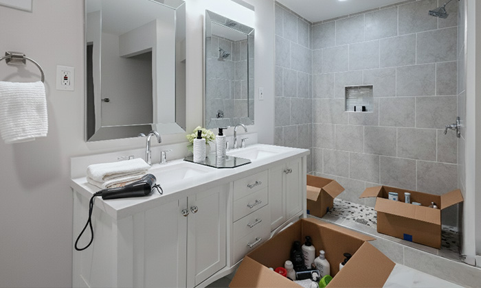 Boxes packed with bathroom items.