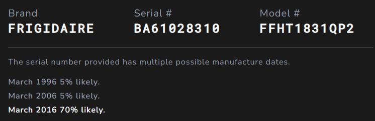 Result of searching for a refrigerator’s serial and model number on the Appliance Age Finder website.