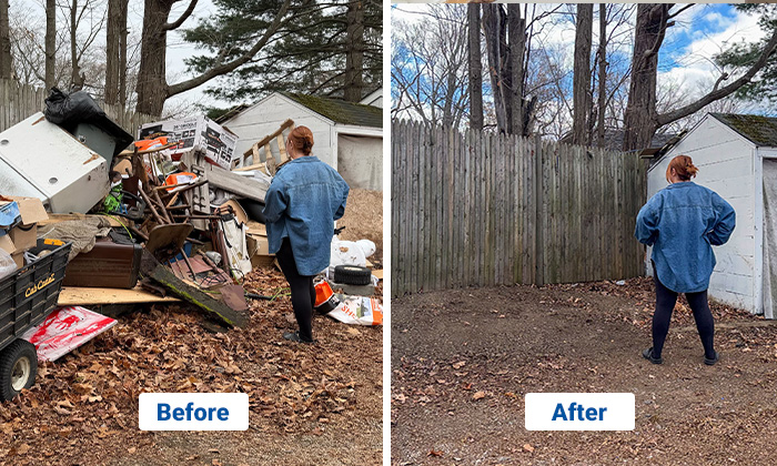 An before shot of a woman looking at junk in her yard before and nothing in her yard after