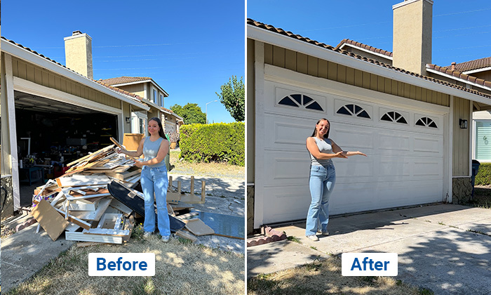 Huge before and after pile of kitchen renovation debris and junk on a driveway in Antioch, CA