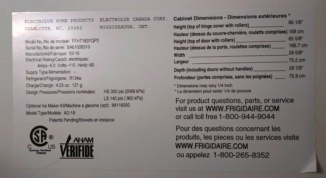 The label of a Frigidaire refrigerator manufactured in March of 2016.