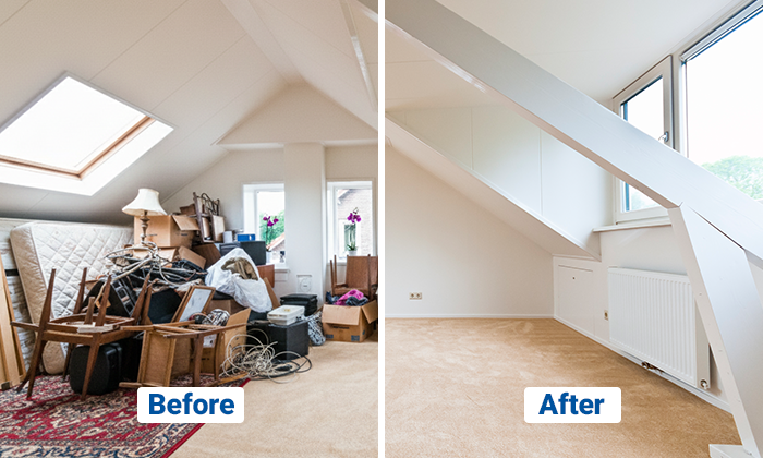 Before and after photo of an attic cleaning.